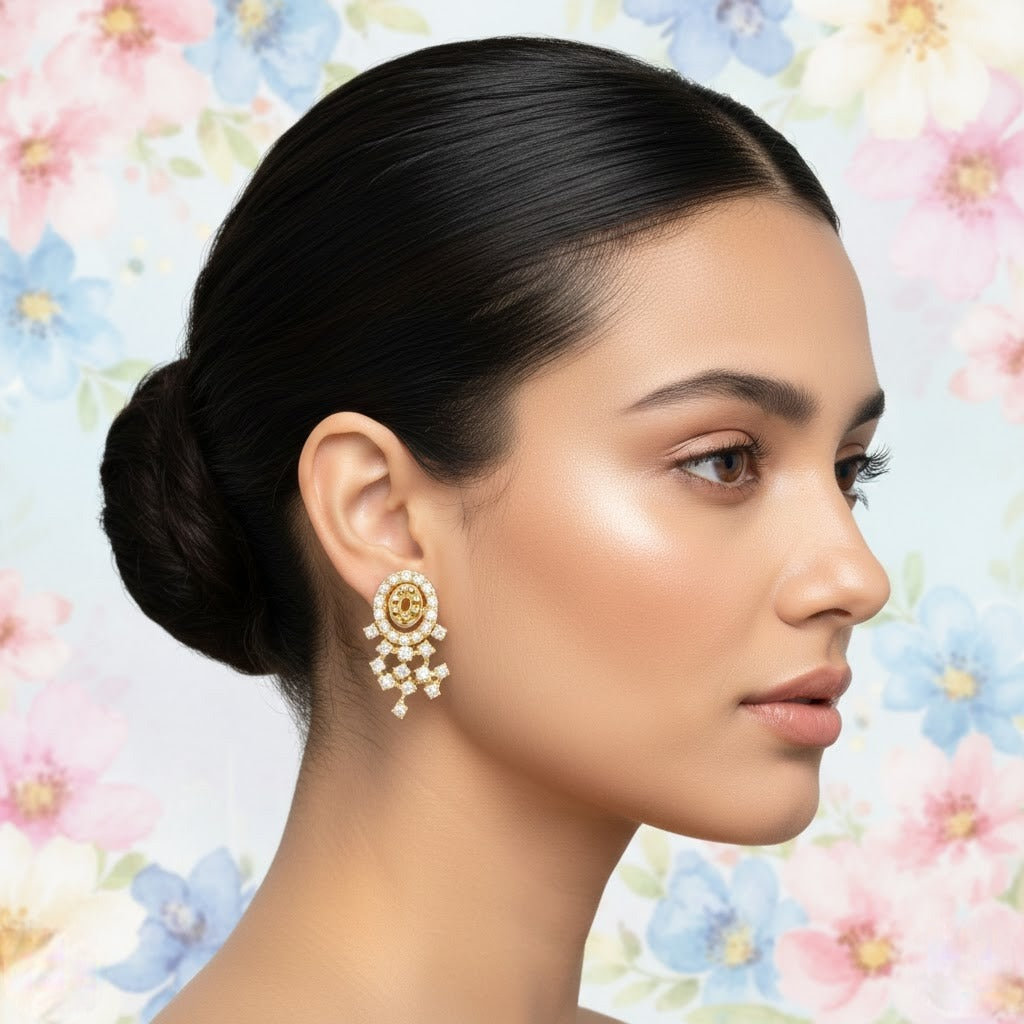 Ornate Crescent Drop Diamond Gold Earrings