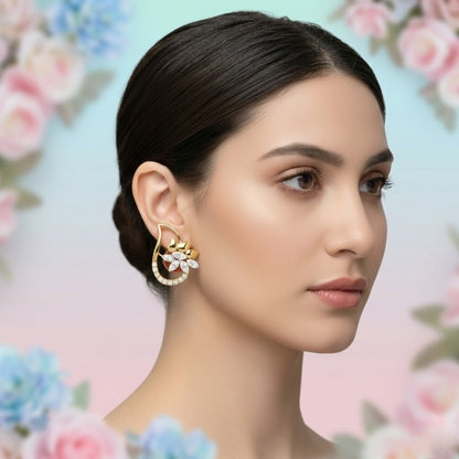 Floral Teardrop Frame Diamond Gold Earrings