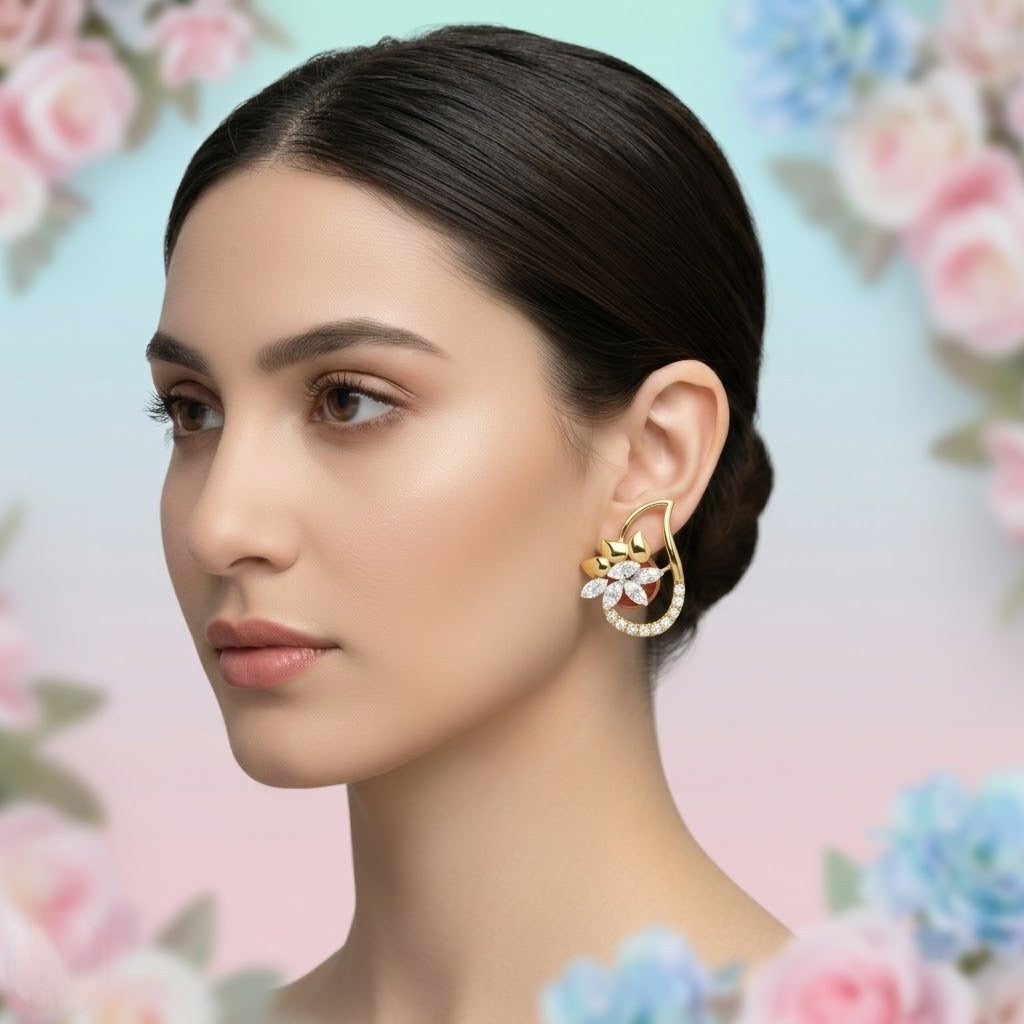 Floral Teardrop Frame Diamond Gold Earrings