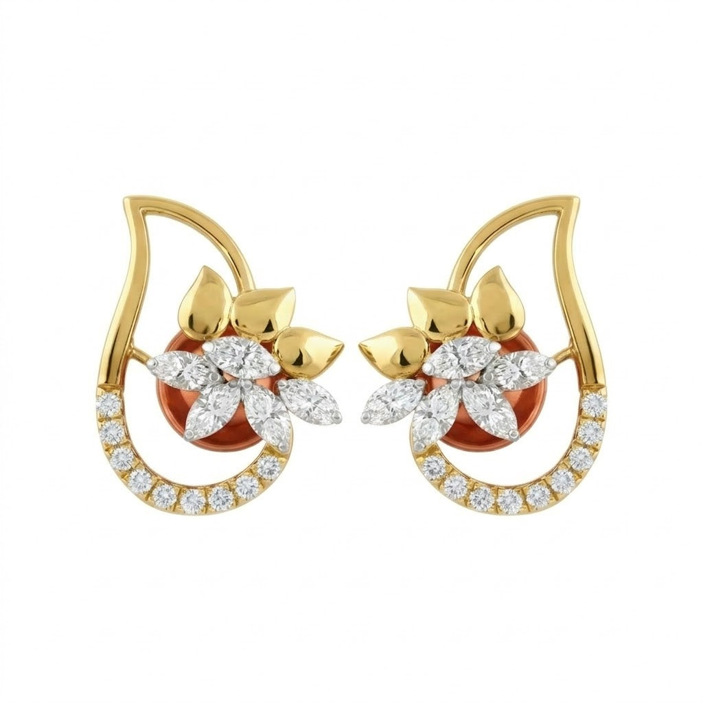 Floral Teardrop Frame Diamond Gold Earrings