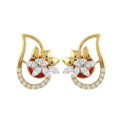 Floral Teardrop Frame Diamond Gold Earrings