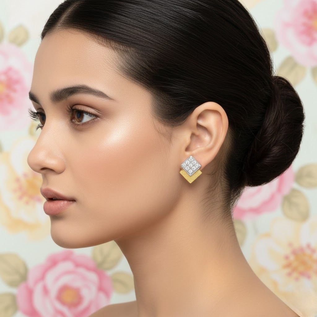 Double Square Layer Diamond Gold Earrings