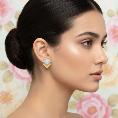 Double Square Layer Diamond Gold Earrings