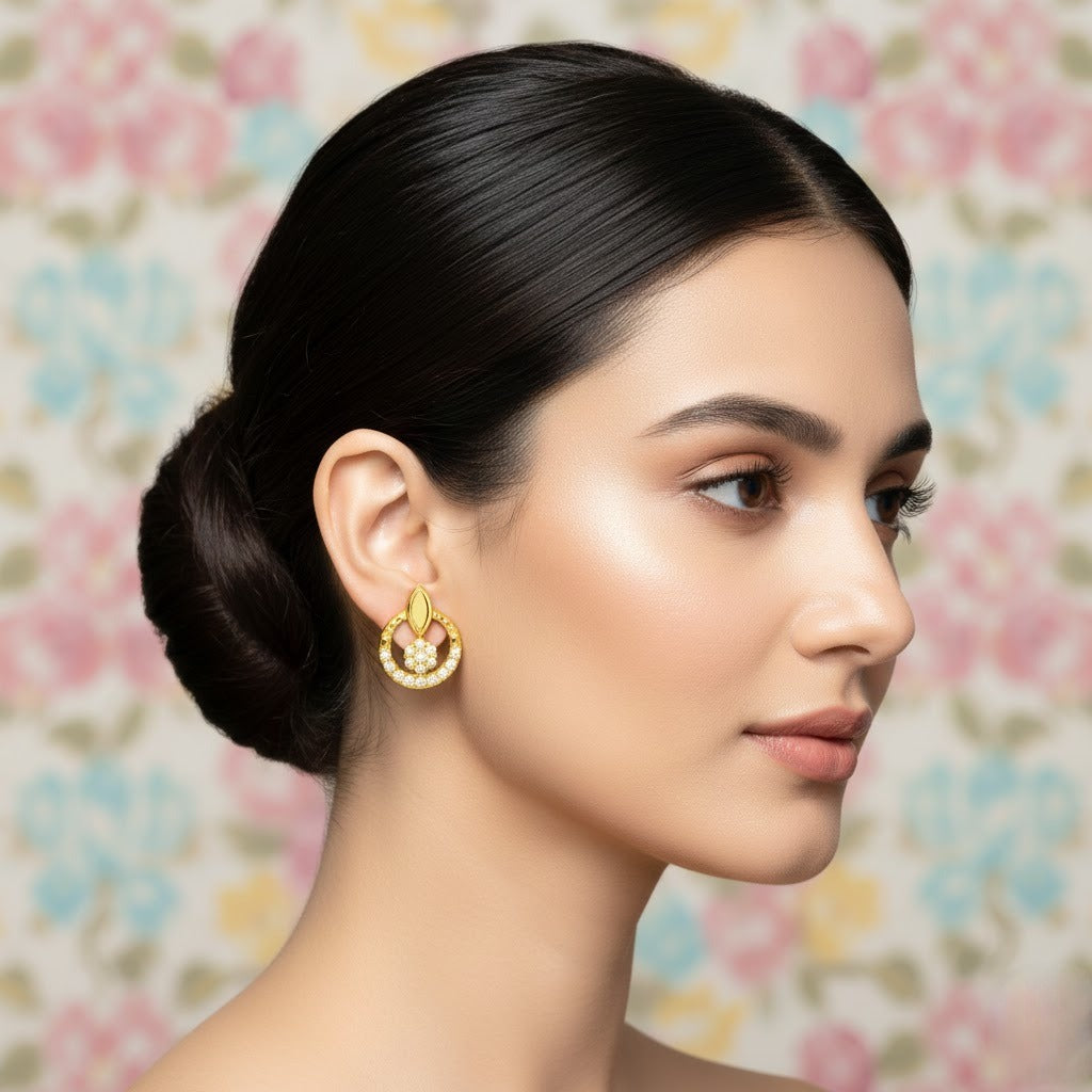 Halo Drop Motif Diamond Gold Earrings