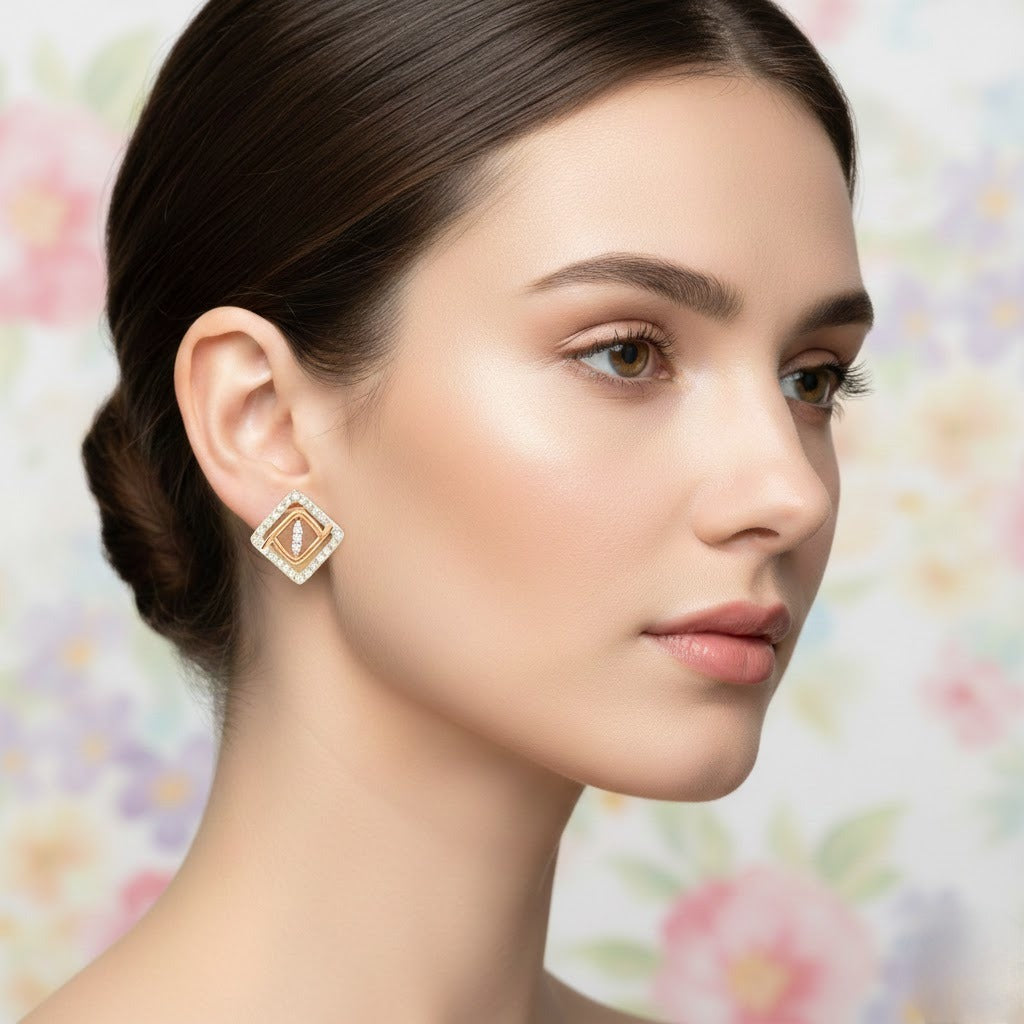 Framed Square Accent Diamond Gold Earrings