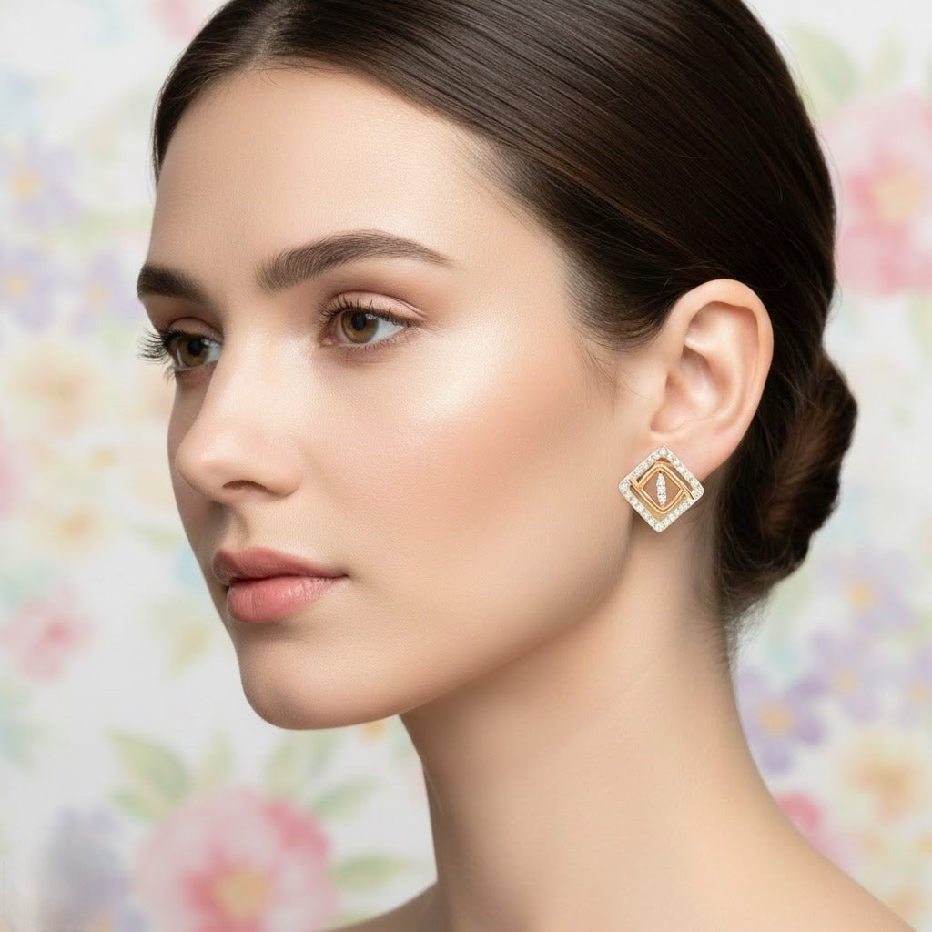 Framed Square Accent Diamond Gold Earrings