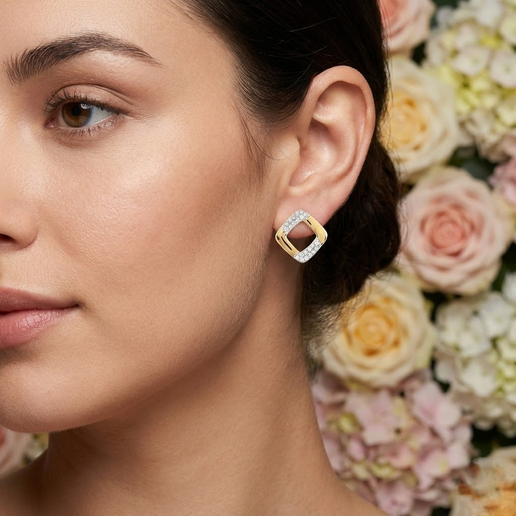 Elegant Square Frame Diamond Gold Earrings