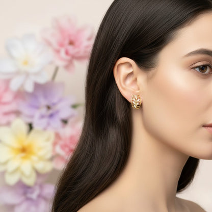 Leaf Frame Texture Diamond Gold Earrings