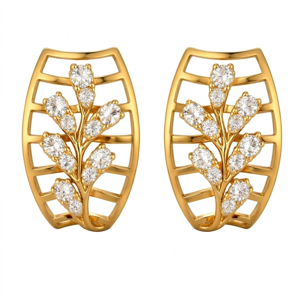 Leaf Frame Texture Diamond Gold Earrings