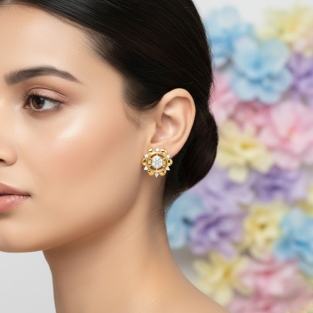 Elegant Floral Halo Diamond Gold Earrings
