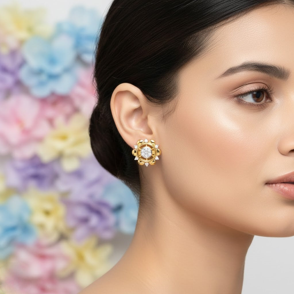 Elegant Floral Halo Diamond Gold Earrings