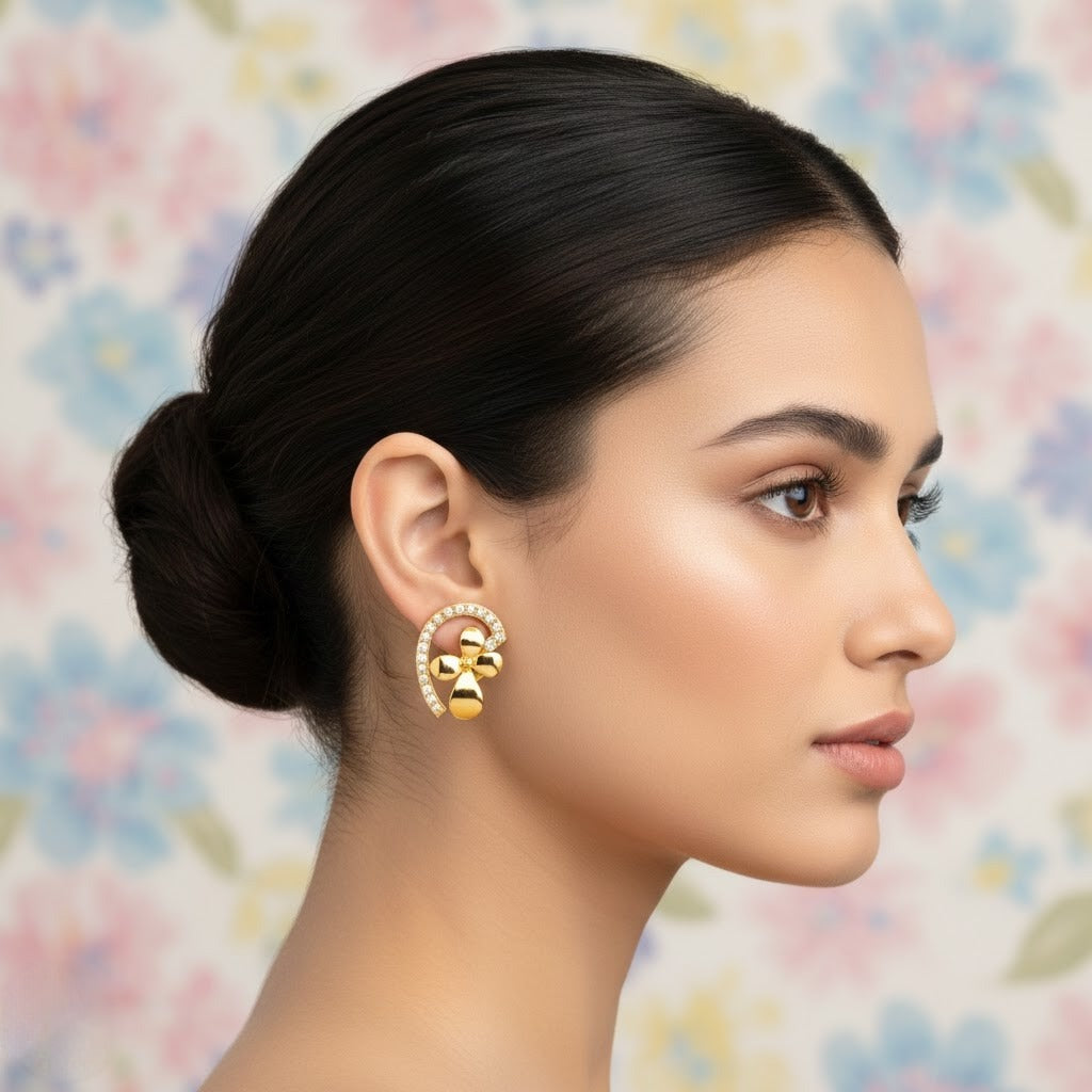 Graceful Floral Curve Diamond Gold Earrings
