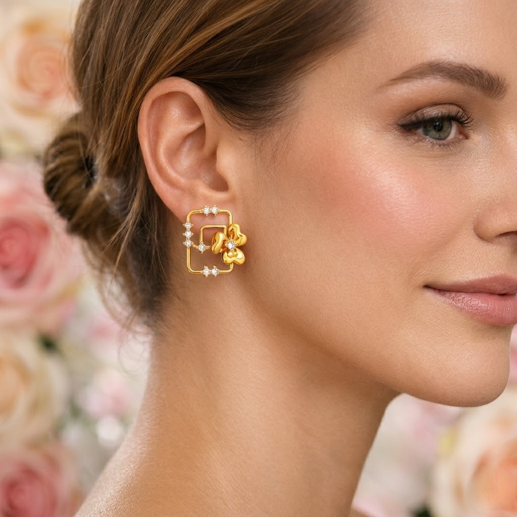 Floral Square Frame Diamond Gold Earrings