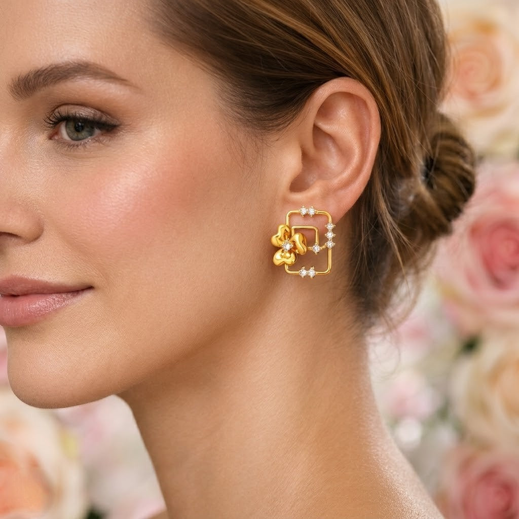 Floral Square Frame Diamond Gold Earrings