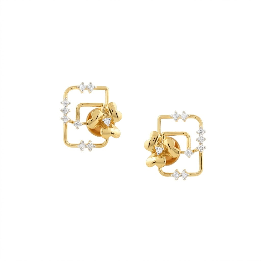Floral Square Frame Diamond Gold Earrings