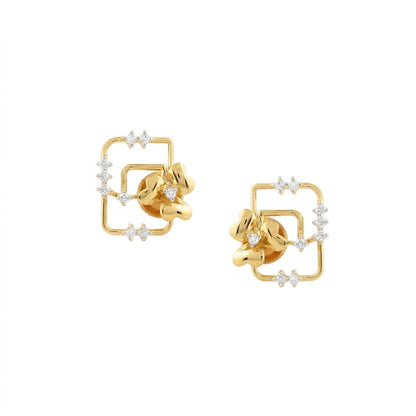 Floral Square Frame Diamond Gold Earrings