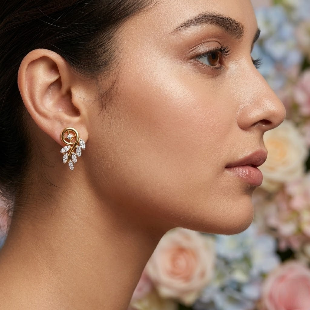Elegant Leaf Cascade Diamond Gold Earrings