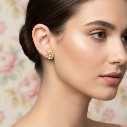 Layered Rose Motif Diamond Gold Earrings