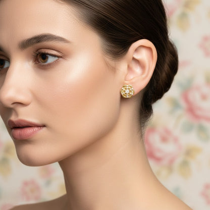 Layered Rose Motif Diamond Gold Earrings
