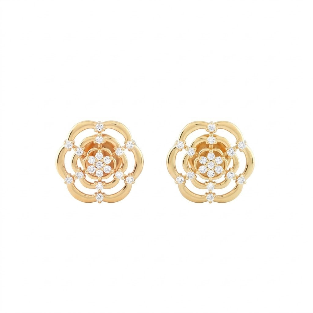 Layered Rose Motif Diamond Gold Earrings