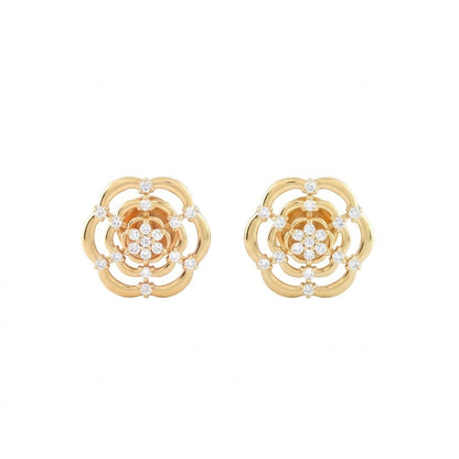 Layered Rose Motif Diamond Gold Earrings