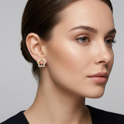 Soft Clover Frame Diamond Gold Earrings