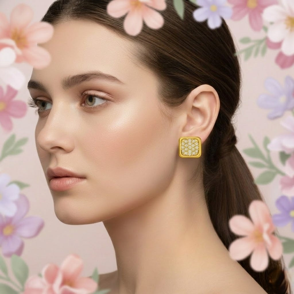 Gold Square White Diamond Earring