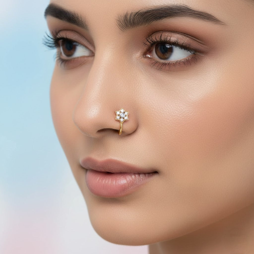 Graceful Blossom Star Halo Design Diamond Gold Nose Pin