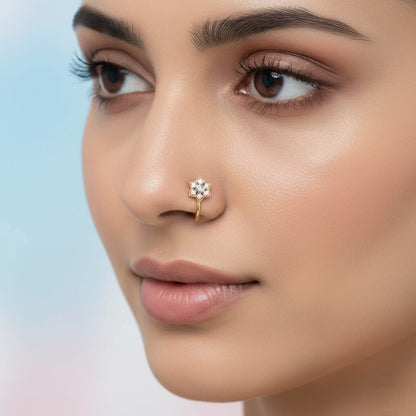 Graceful Blossom Star Halo Design Diamond Gold Nose Pin