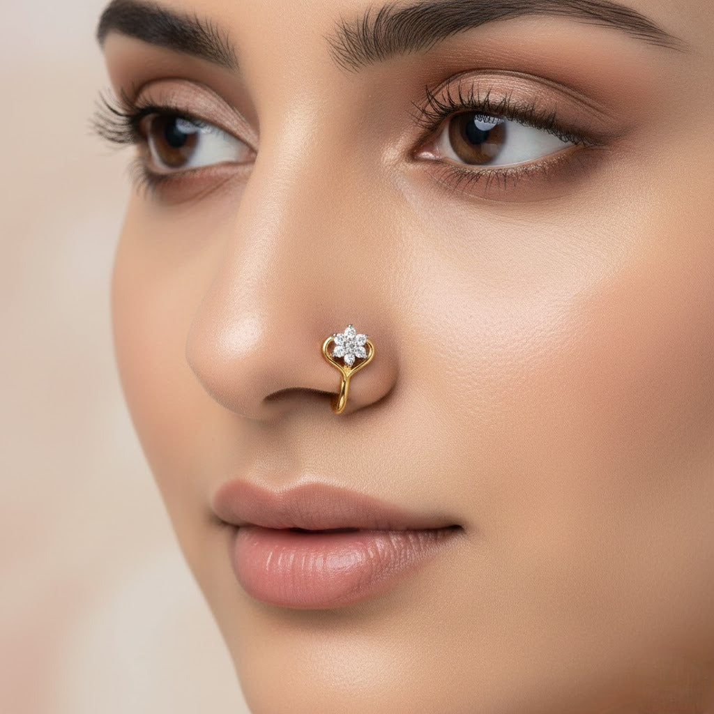 Delicate Heart Bloom Diamond Gold Nose Pin