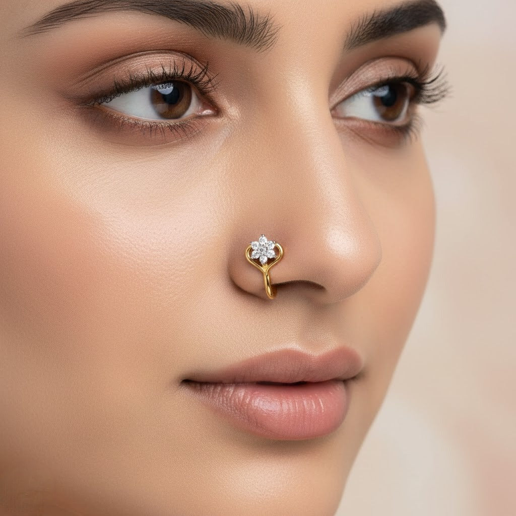 Delicate Heart Bloom Diamond Gold Nose Pin