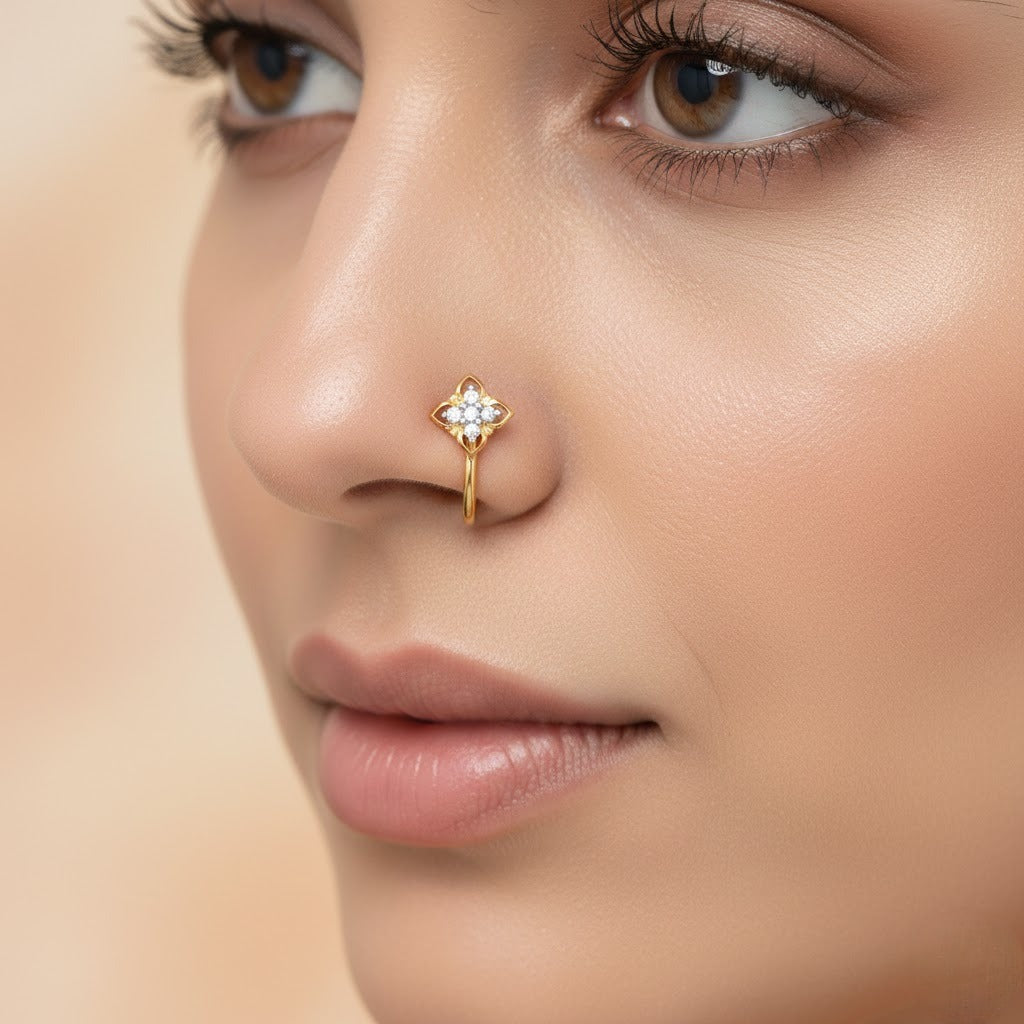 Classic Petal Cluster Sparkle Diamond Gold Nose Pin