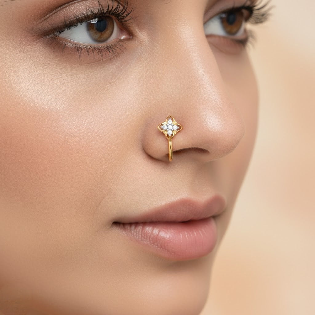Classic Petal Cluster Sparkle Diamond Gold Nose Pin