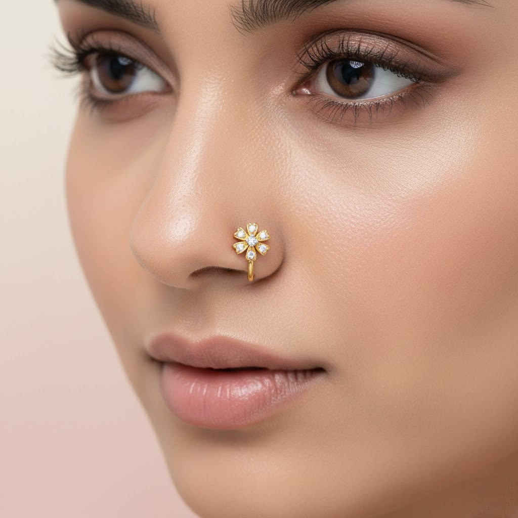 Charming Petal Bloom Diamond Gold Nose Pin