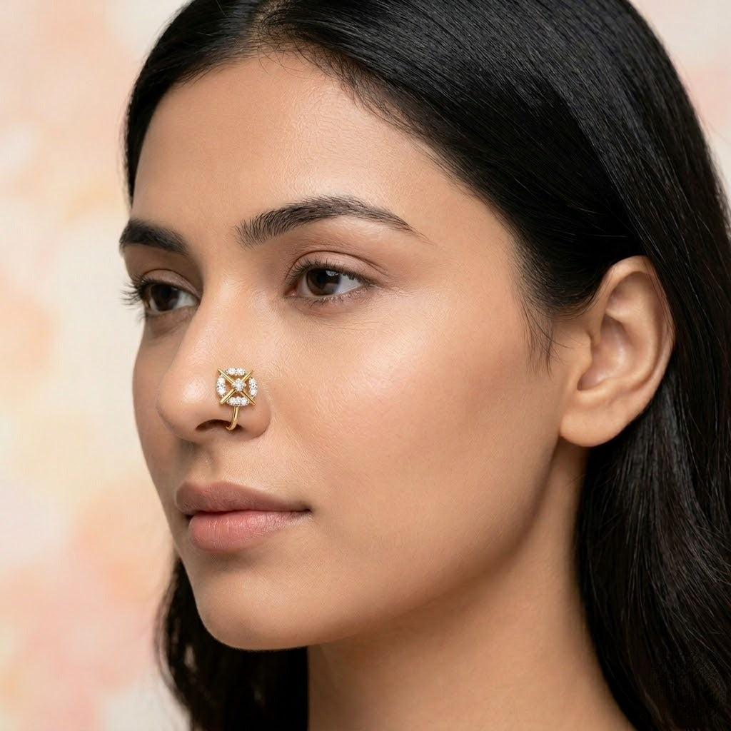 Modern Cross Halo Spark Design Diamond Gold Nose Pin