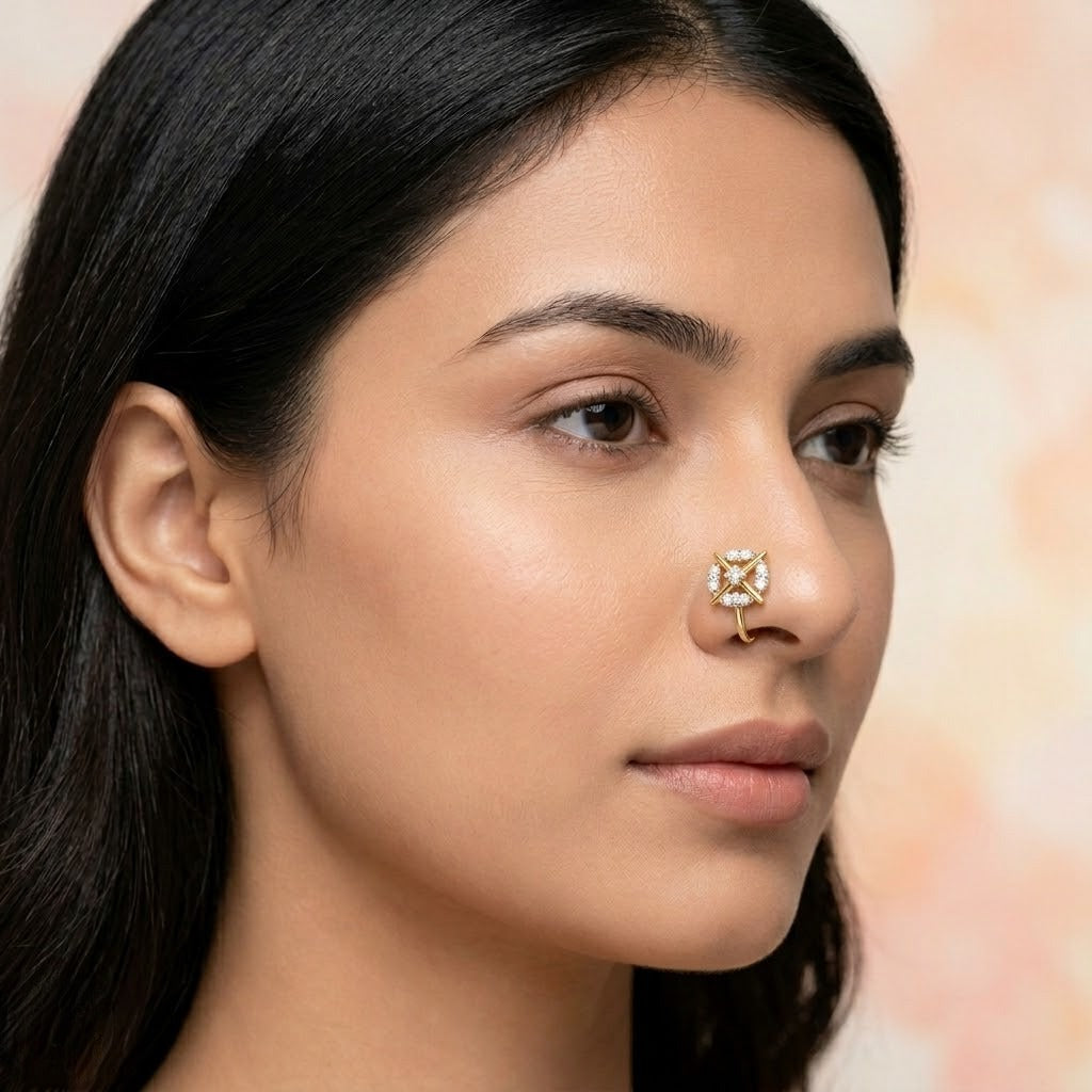 Modern Cross Halo Spark Design Diamond Gold Nose Pin