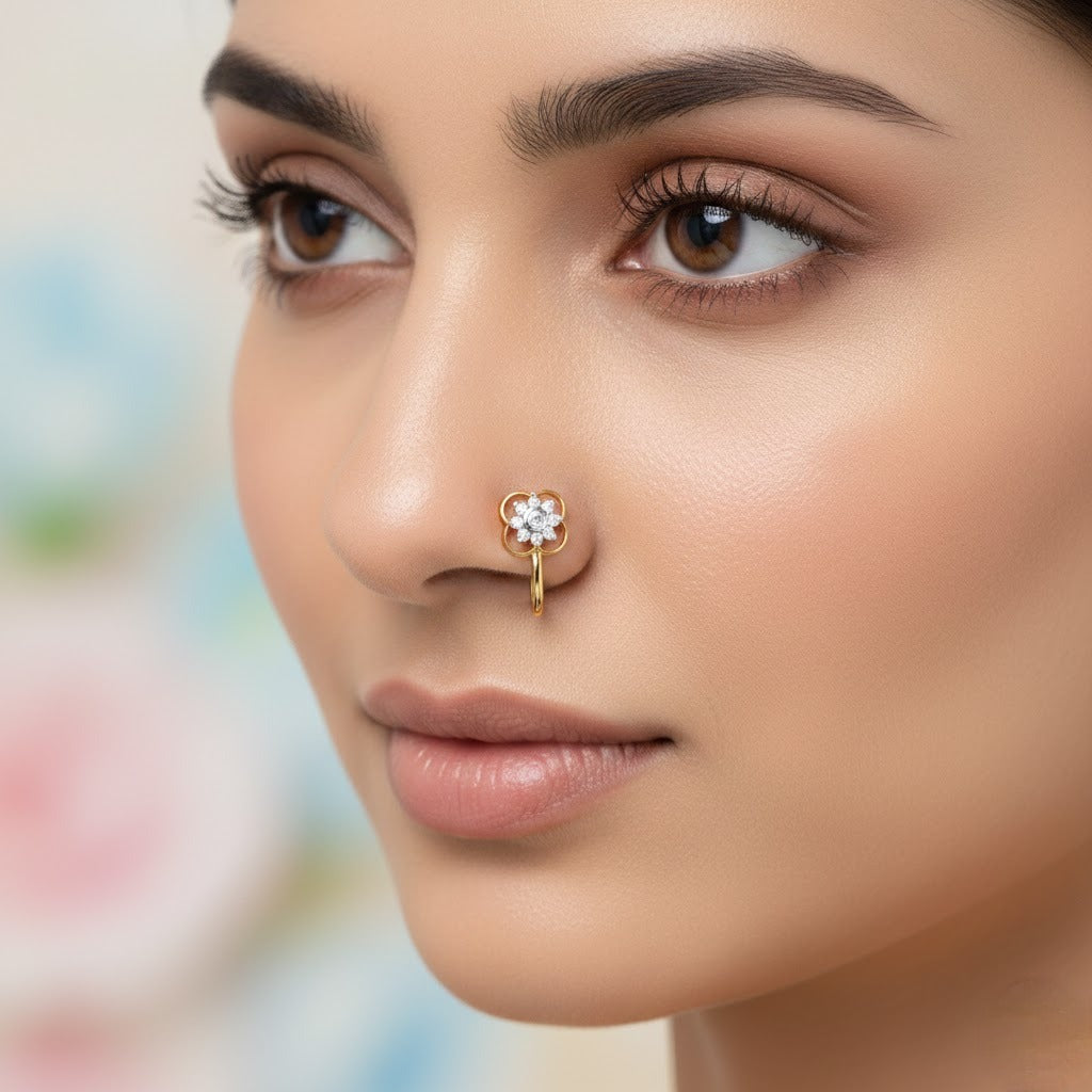 Elegant Floral Diamond Gold Nose Pin
