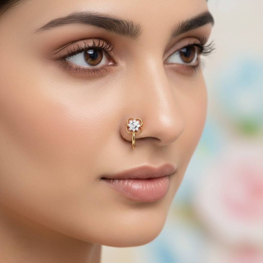 Elegant Floral Diamond Gold Nose Pin