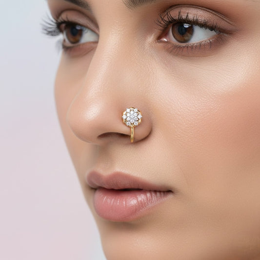 Brilliant Round Blossom Diamond Gold Nose Pin