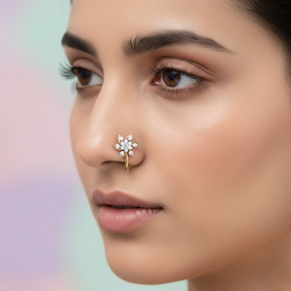 Graceful Twirl Blossom Spark Diamond Gold Nose Pin