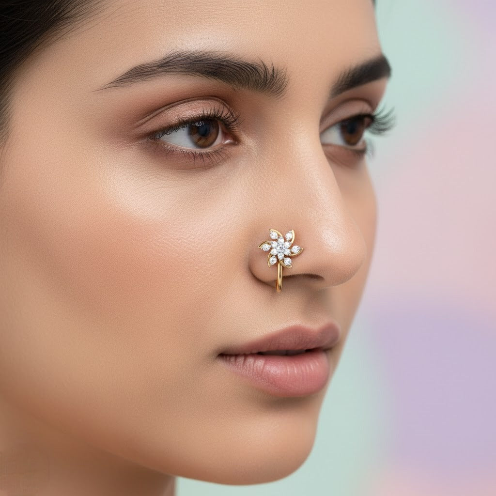 Graceful Twirl Blossom Spark Diamond Gold Nose Pin