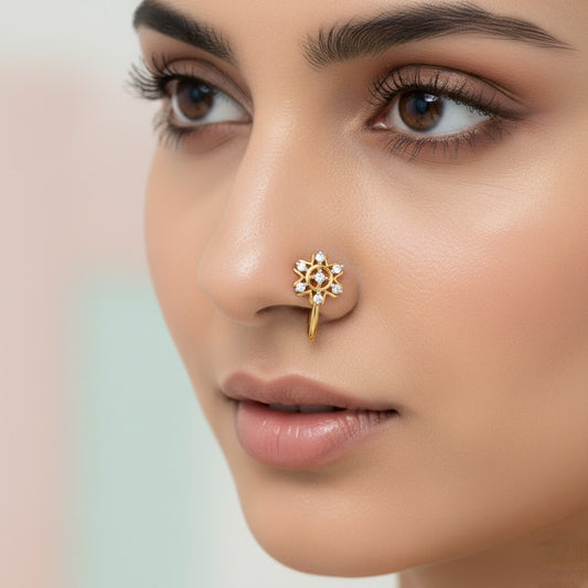 Sunburst Halo Floral Sparkle Design Diamond Gold Nose Pin