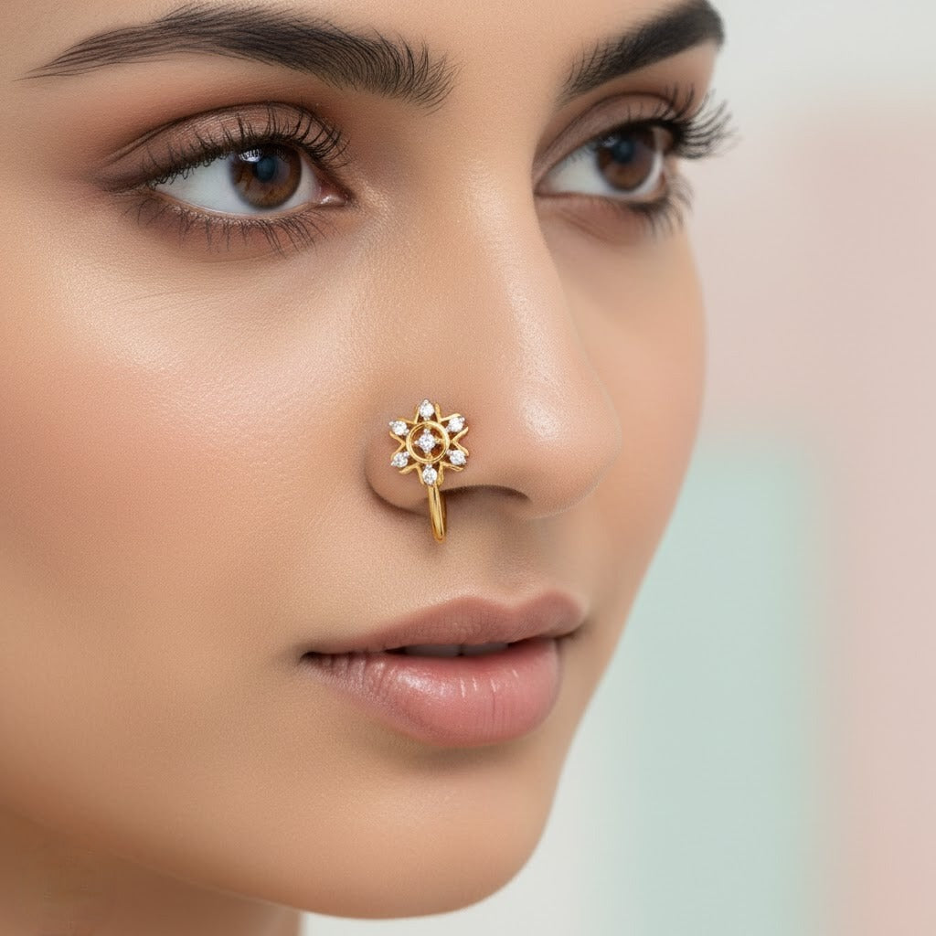 Sunburst Halo Floral Sparkle Design Diamond Gold Nose Pin