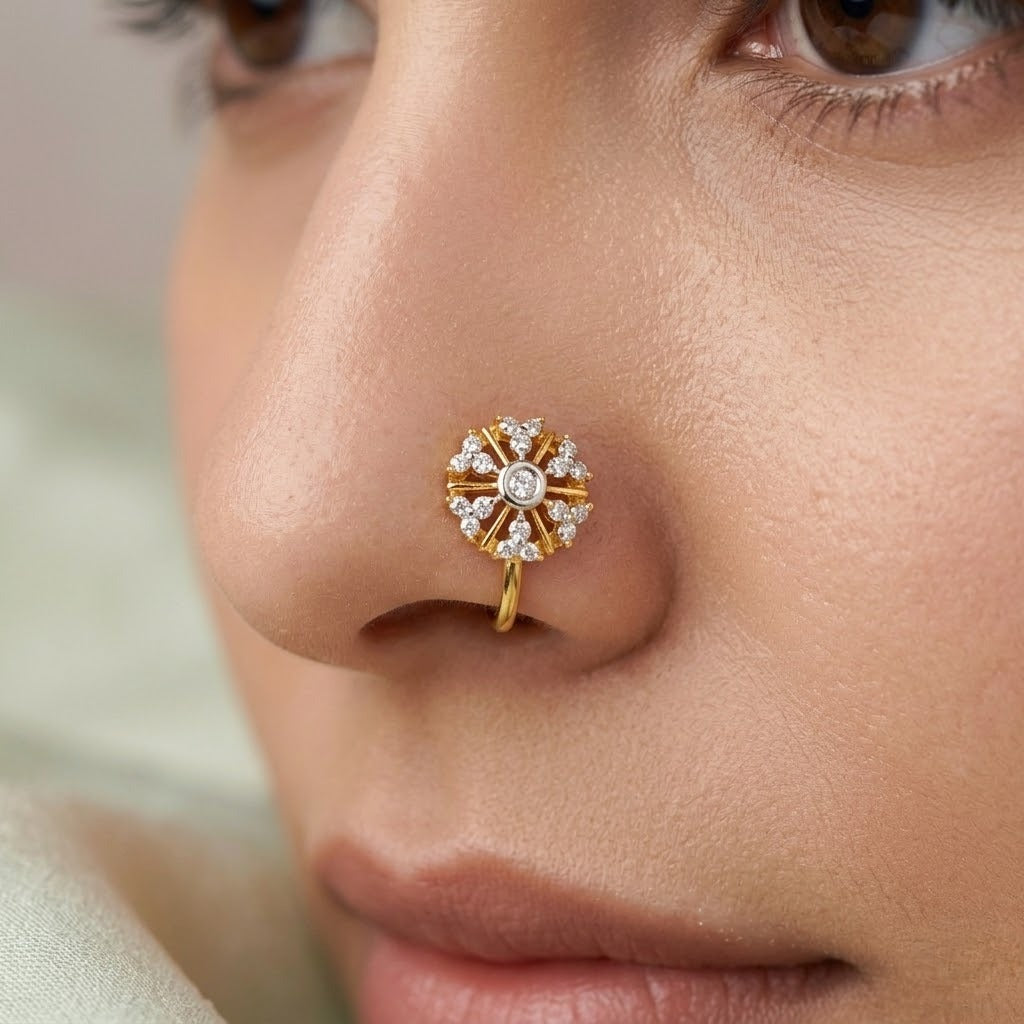 Radiant Sunburst Floral Spark Diamond Gold Nose Pin