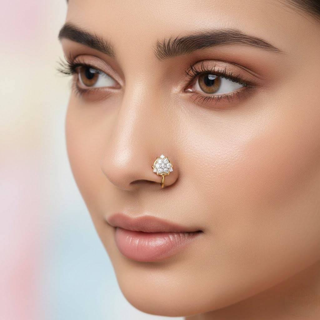 Elegant Crown Floral Diamond Gold Nose Pin