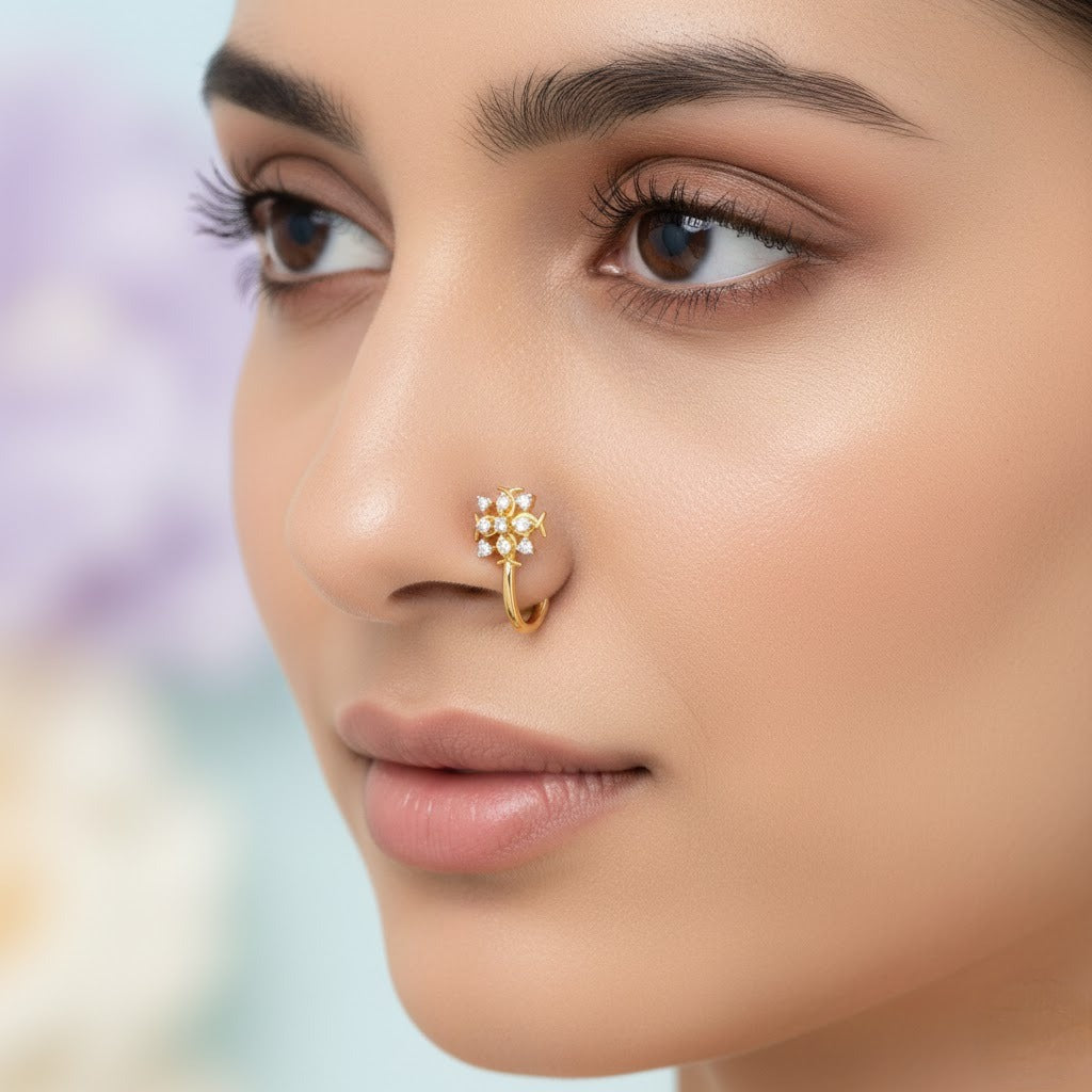 Sparkling Floral Cluster 9K Diamond Gold Nose Pin