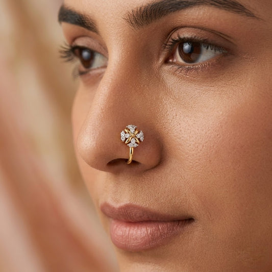 Elegant Four Petal Floral Diamond Gold Nose Pin