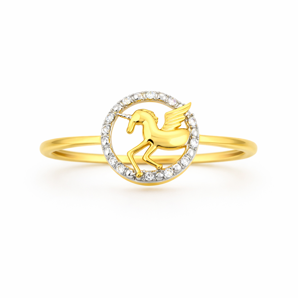 Majestic Pegasus Circular Motif Design Diamond Gold Ring