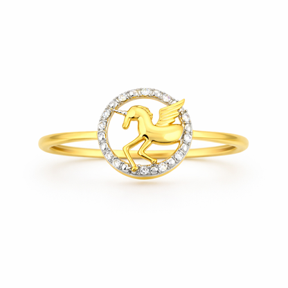 Majestic Pegasus Circular Motif Design Diamond Gold Ring