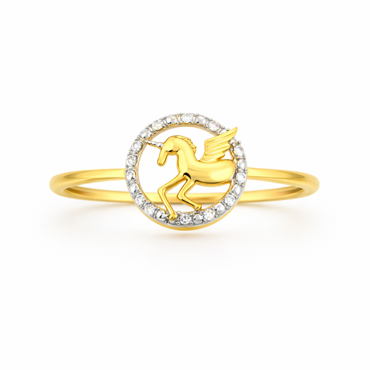 Majestic Pegasus Circular Motif Design Diamond Gold Ring
